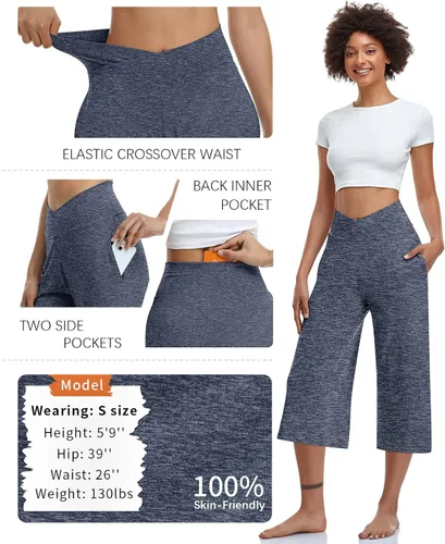 Vista 5 de TARSE - Pantalones capri de pierna ancha para mujer, pantalones de yoga casuales, cruzados, de cintura alta, sueltos, suaves, con bolsillos
