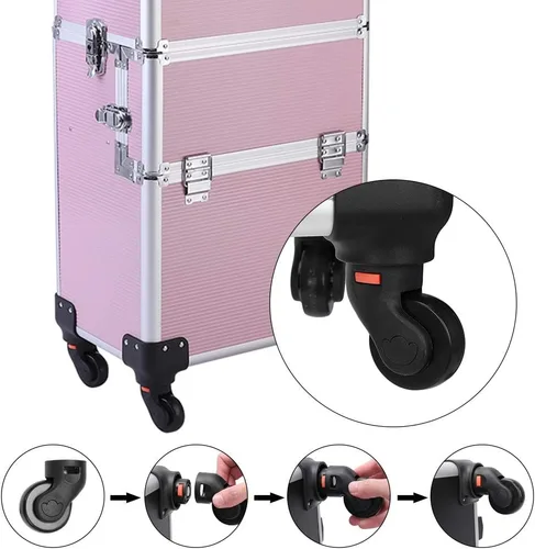 Vista 4 de Karl home Estuche de tren de maquillaje 3 en 1, carrito de cosméticos rodante, organizador de viaje de gran capacidad con llave ruedas giratorias