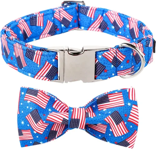 Vista 17 de Maca Bates - Collar de perro con bandera estadounidense del 4 de julio con pajarita para perros, corbatín de 4 de 7 banderas, azul, ajustable