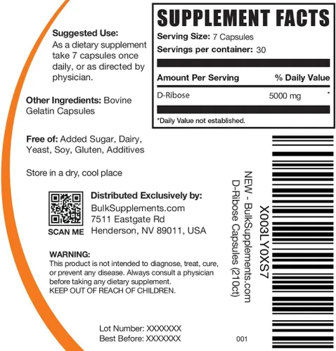 Vista 2 de BulkSupplements. com D-Ribosa Cápsulas - Suplemento de ribosa, para apoyo energético, sin gluten, 7 cápsulas por porción (5000 mg), 210
