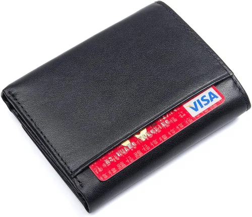 Vista 3 de RFID bloqueo genuino cuero de vaca triple tarjeta cartera para hombres con 2 ventanas de identificación