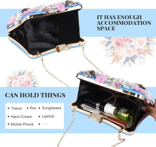 Vista 4 de Bolsos de noche florales para mujer, bolsos de mano con diamantes de imitación coloridos, bolso floral para novia, boda, bolso de hombro con cadena