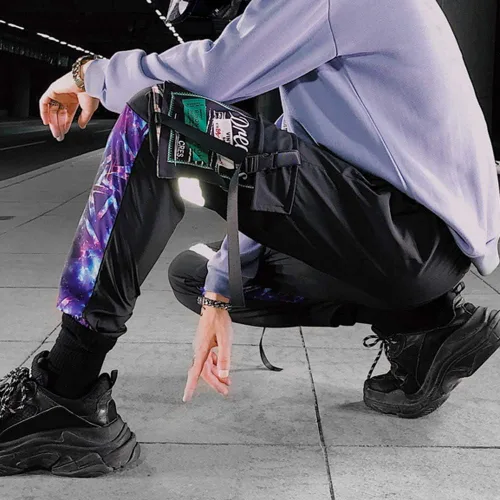 Vista 2 de XYXIONGMAO Pantalones deportivos reflectantes negros para hombre, pantalones deportivos Techwear, hip hop, ropa de calle, pantalones cargo