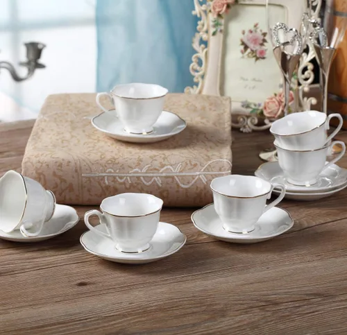 Vista 7 de Guangyang Juego de 12 tazas y platillos de porcelana fina de 2.5 onzas, juego de 6 tazas de café turco para doble color blanco espresso con ribete