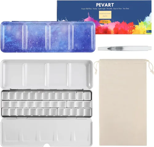 Vista 14 de PEVART Paleta de pintura de acuarela vacía, caja de metal con 37 medias bandejas de color de agua y paleta plegable, bandeja de pintura de estaño