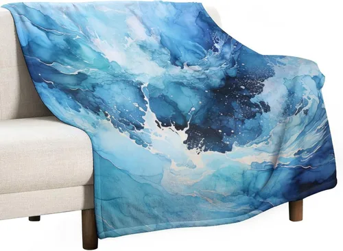 Vista 13 de Manta abstracta de acuarela azul mar, verde, menta, azul marino, pintura abstracta del océano, manta suave de 30 x 40 pulgadas, manta ligera