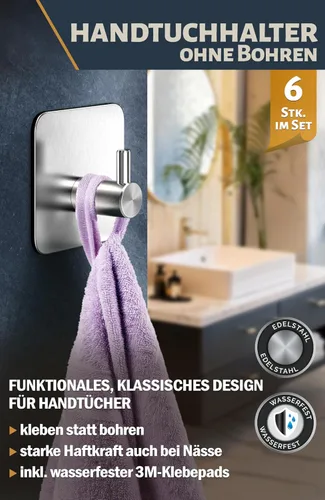 Vista 2 de 4smile Towel Holder Without Drilling, Set of 6 Bathroom Self-Adhesive Robe Rack as Practical Adhesive Towel Hooks - Sticky Towel Holder, Classic