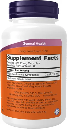 Vista 2 de NOW Suplementos, MSM (metilsulfonilmetano) 1,000 mg, salud articular*, 120 cápsulas vegetales