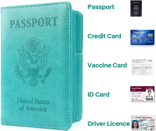 Vista 6 de Soporte para pasaporte y tarjetero de vacuna, cartera para pasaporte, funda para pasaporte con bloqueo RFID, Azul lago, Compacto
