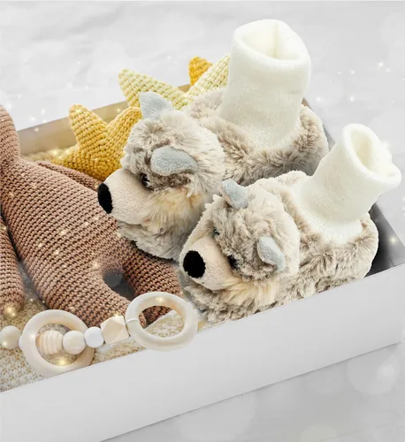 Vista 6 de DolliBu - Zapatos de bebé de felpa suave de lobo gris Suave y esponjoso forro polar unisex con lobo de peluche para bebé niño o niña Pantuflas