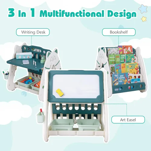 Vista 2 de Costzon Caballete de arte 3 en 1 para niños, pizarra magnética de borrado en seco de doble cara y estante para libros para niños con silla