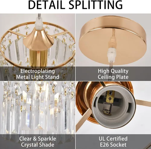 Vista 5 de Lámpara colgante de techo de cristal para sala de estar, comedor, cocina, pasillo (colgante dorado)