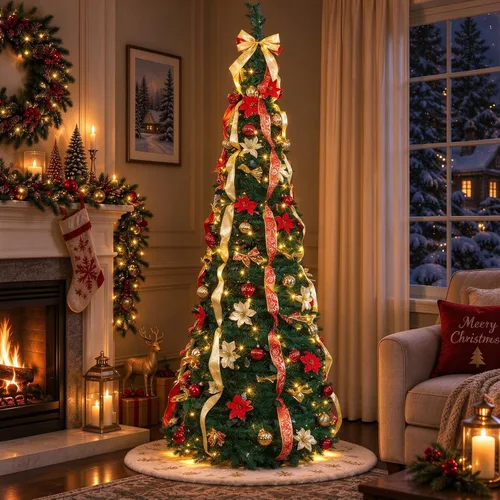 Vista 13 de Árbol de Navidad desplegable de 7 pies con luces, árbol de Navidad plegable preiluminado con 170 luces blancas cálidas y 8 modos intermitentes Verde