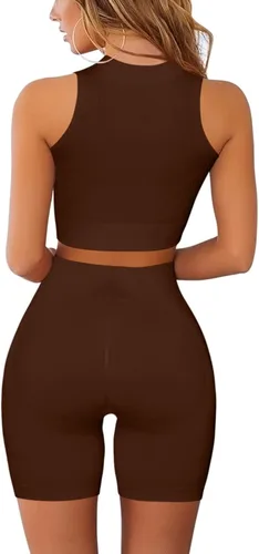Vista 2 de Conjuntos de entrenamiento para mujer conjuntos de 2 piezas sin costuras acanalados con cremallera bidireccional manga corta pantalones cortos