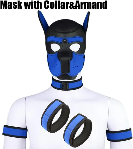 Vista 5 de Máscara de neopreno de cara completa para cachorro, capucha extraíble, máscara de Halloween (azul, máscara)