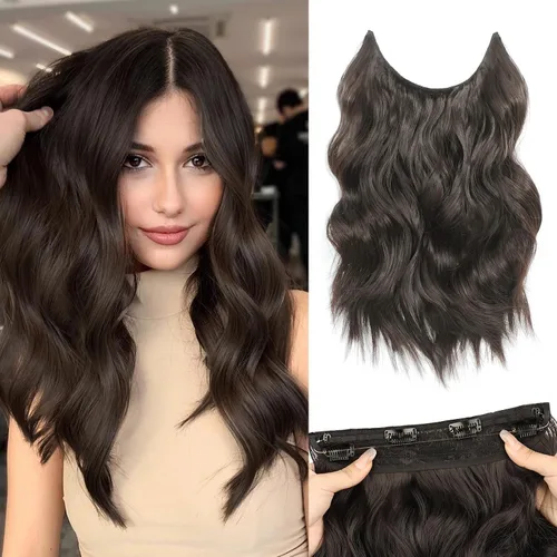 Vista 28 de Extensiones de Cabello con Alambre Invisible - Extensiones de Cabello Halo de 14 Pulgadas Largas Onduladas Postizo Sintético con Alambre