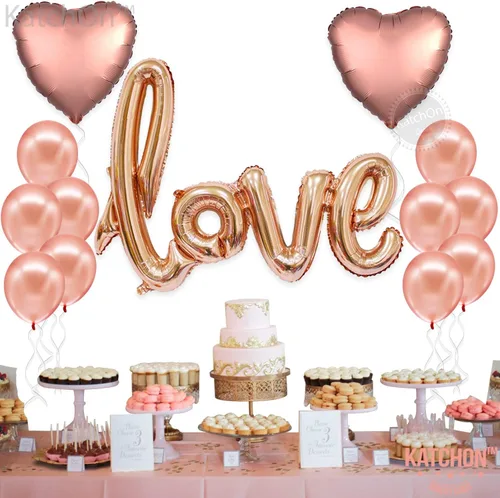 Vista 2 de Katchon - Set decorativo de globos de papel de aluminio, diseño "love", corazón, rosado