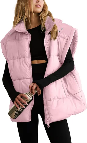 Vista 22 de Shiyifa Chaleco acolchado para mujer, chaqueta de gran tamaño, sin mangas, ligera, con cremallera, con capucha desmontable