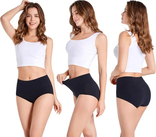 Vista 4 de HAVVIS - Ropa interior de cintura alta y de algodón para mujer, que disimula la barriga, jacquard con rosas, paquete múltiple