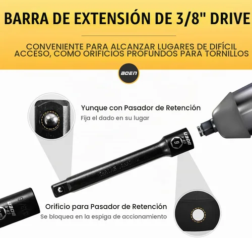 Vista 5 de BOEN Juego de llaves de impacto profundo de 3/8" de 14 piezas, 3/8" a 1" de cubo, 3/8" de guía universal de 6 puntos, barras de extensión de 6