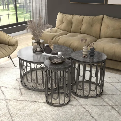 Vista 2 de Furniture of America Davis - Juego de mesa moderno de 3 piezas con parte superior de mármol, patas de metal resistentes y estante abierto para sala