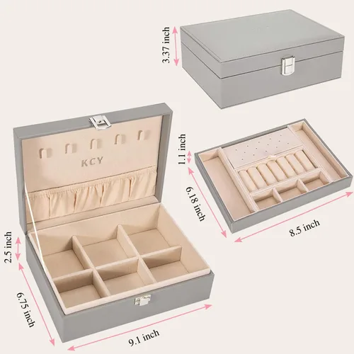 Vista 5 de KCY Organizador de joyas para mujeres y niñas estuche grande de cuero sintético con soporte de exhibición de 2 capas y bandeja extraíble para aretes