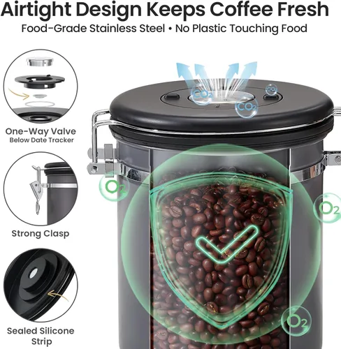 Vista 3 de Veken - Recipiente hermético para café de acero inoxidable, contenedor de almacenamiento de alimentos para la cocina con registro de fecha y cuchara