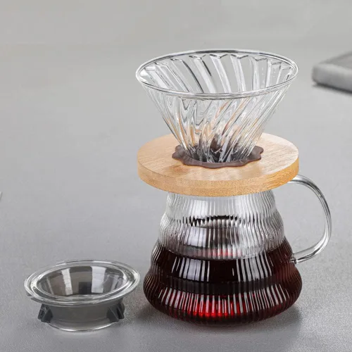 Vista 6 de Gotero de café para verter sobre café, gotero de café de vidrio V60 con base de madera de bambú, accesorios de goteo de café de preparación lenta