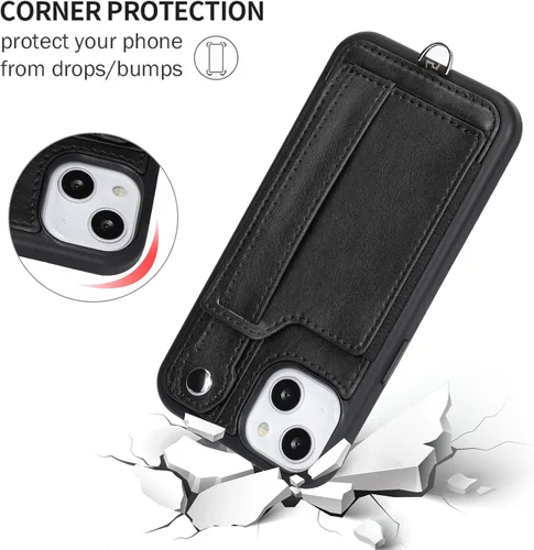 Vista 4 de TOOVREN Funda para teléfono compatible con iPhone 14 Plus, compatible con iPhone 14 Plus, funda con correa para tarjetero, cordón de cuero para Negro