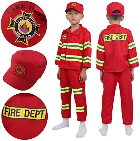 Vista 3 de CHICTRY Disfraz de bombero para niños y niñas juego de rol con sombrero