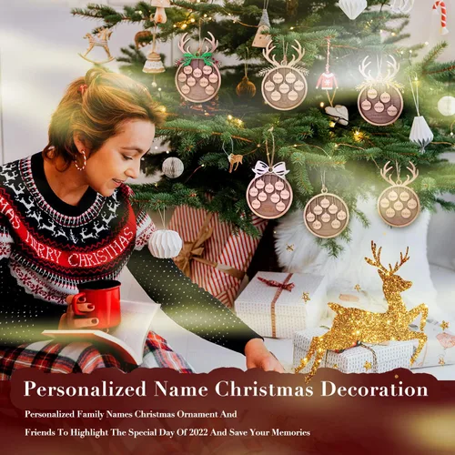 Vista 5 de Adorno de Navidad familiar personalizado 2023, adornos de madera para árbol de Navidad con cuerda pequeña, de 1 a 10 nombres personalizados