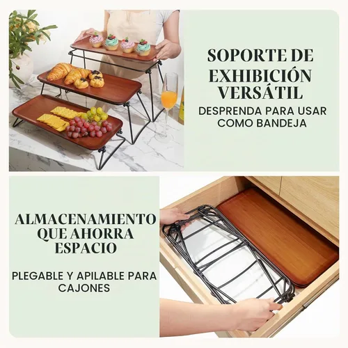 Vista 6 de FINESSY Tableros de embutidos de bambú oscuro, soporte de bandeja de servir