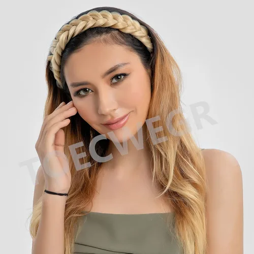 Vista 6 de Diadema trenzada sintética clásica de cabello con hebras anchas para boda, trenzas esponjosas desordenadas, banda para peluca, accesorio de belleza
