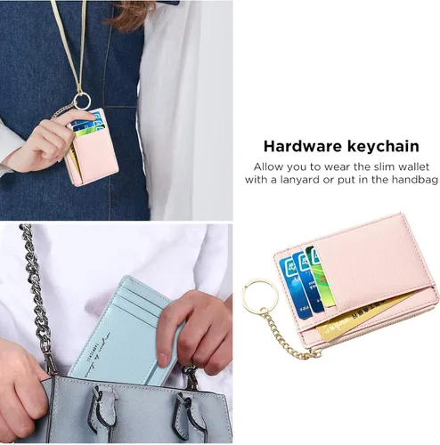 Vista 5 de BAG WIZARD Billeteras minimalistas delgadas para hombres y mujeres RFID para tarjetas de crédito, cartera con 8 ranuras para tarjetas con llavero