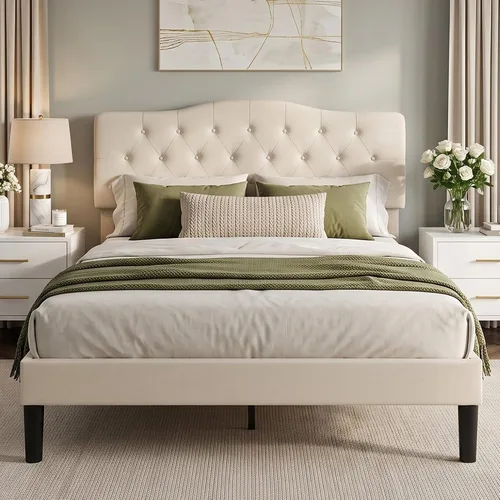 Vista 22 de VECELO Base de cama de plataforma de tamaño individual con cabecera tapizada de tela y soporte de listones de madera, no necesita somier/fácil Beige