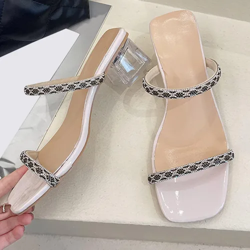 Vista 6 de SGAOGEW Slides Shoes For Women Fashion Chunky High Heels Slip On Rhinestone Shoes Black,Beige Flats Sandalias Para Mujer