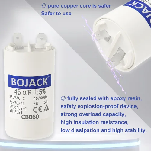 Vista 4 de BOJACK 45uf 45MFD uF CBB60 Condensador de funcionamiento de lavadora Frecuencia del condensador de funcionamiento del motor 50/60Hz 250VAC 250V Stud