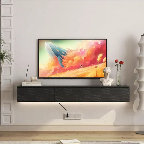 Vista 22 de Soporte flotante para TV montado en la pared con 20 LED de color, soporte de TV moderno de 63 pulgadas, gabinete de TV flotante centro
