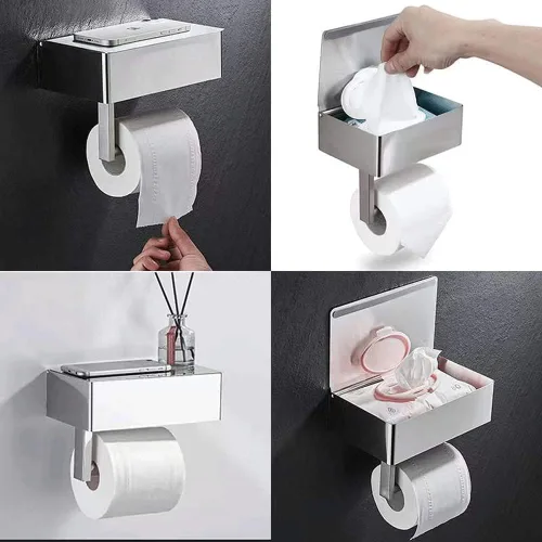 Vista 4 de Soporte de papel higiénico con estante para teléfono SUS 304 de acero inoxidable montado en la pared Soporte de rollo de papel higiénico adhesivo
