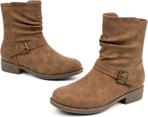 Vista 5 de VJH confort Botas de media pantorrilla para mujer, botines holgados con hebilla cómoda con cremallera lateral
