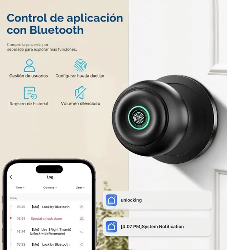 Vista 6 de Cerradura de puerta por huella dactilar, perilla de puerta inteligente con cerradura, perilla de puerta biométrica con aplicación y llave, cerradura