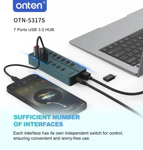 Vista 4 de Onten Hub USB-C 3.0 de 7 puertos, transferencia de datos de alta velocidad de 5 Gbps, interruptores independientes, amplia compatibilidad