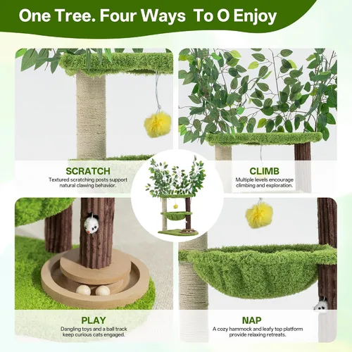Vista 6 de Woochpet Árbol para gatos de 33.5 pulgadas con hojas para gatos de interior Verde