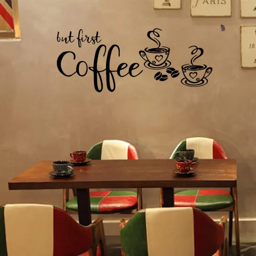 Vista 2 de Pegatina de vinilo para pared con texto en inglés «But First Coffee» para cafetería, cocina, hogar, decoración de pared