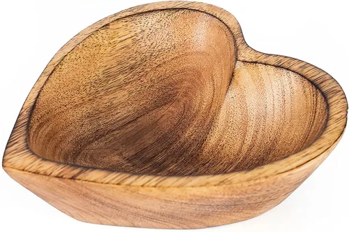 Vista 17 de WitnyStore Cuenco en forma de corazón de 6 pulgadas, funcional y coleccionable, cuenco de madera hecho a mano para servir frutos secos, postres