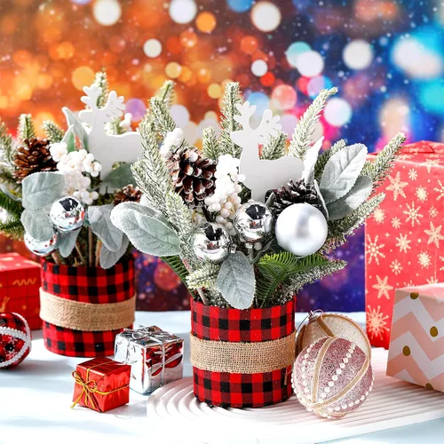 Vista 2 de 2 piezas de centro de mesa de Navidad a cuadros de búfalo árbol de mesa de Navidad, mini decoración artificial de mesa, centro de mesa pequeño