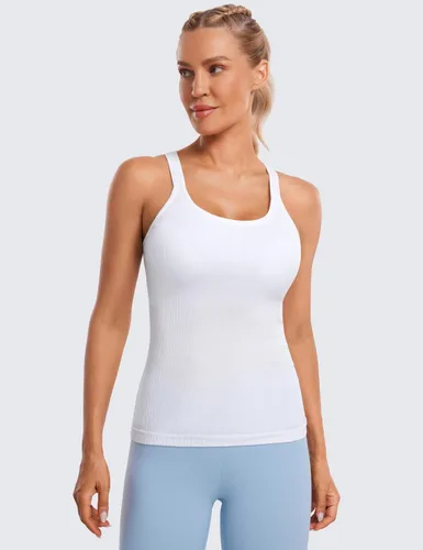 Vista 2 de CRZ YOGA Camiseta sin mangas acanalada sin costuras para mujer con brasier integrado, cuello redondo acolchado, adelgazante, atlética, larga