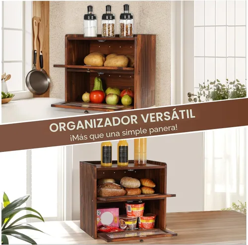 Vista 6 de Sunhoo Panera para encimera de cocina, contenedor de almacenamiento de pan de madera, contenedor de almacenamiento de pan de 2 capas, soporte