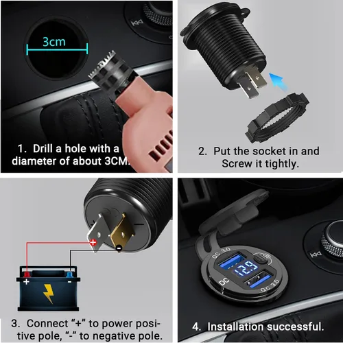 Vista 7 de Paquete de 2 salidas USB de 12 V, carga rápida dual 3.0, cargador de aluminio impermeable con voltímetro LED e interruptor de alimentación