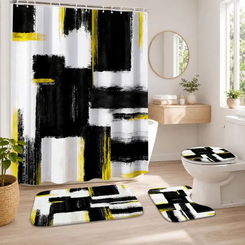 Vista 24 de Lnond 4 Piezas Juegos de Cortinas de Ducha de Baño Moradas con Alfombras, Arte de Pintura Púrpura y Gris Juegos de Baño con Cortina de Ducha